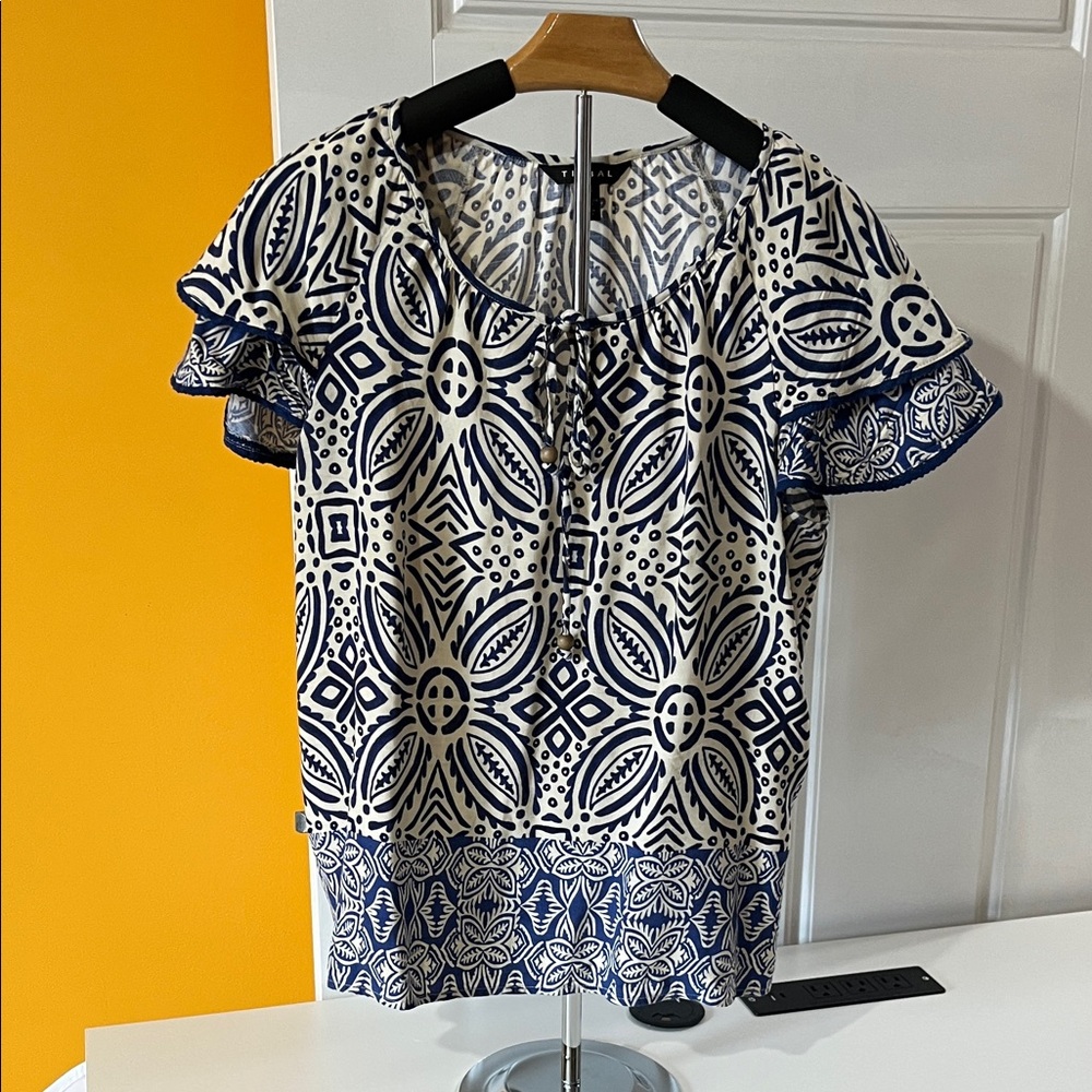 Tribal Blue and Cream Geometric Blouse